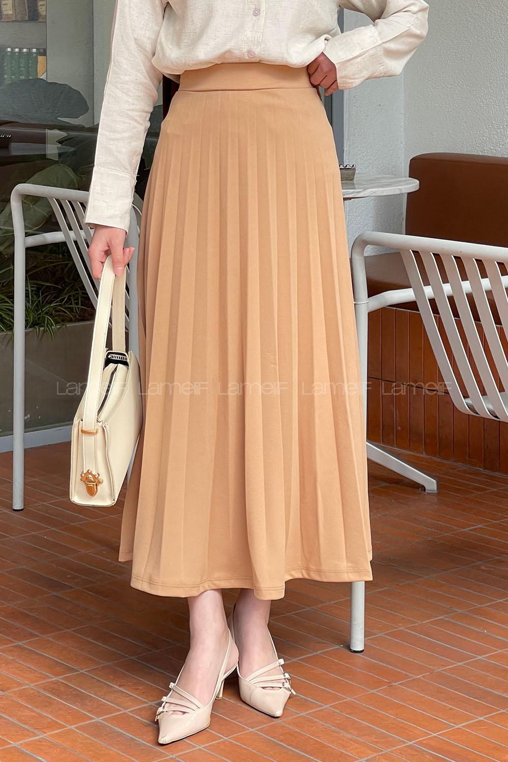 Brown With Milk Viscose Fabric Unprinted Pleated Skirt