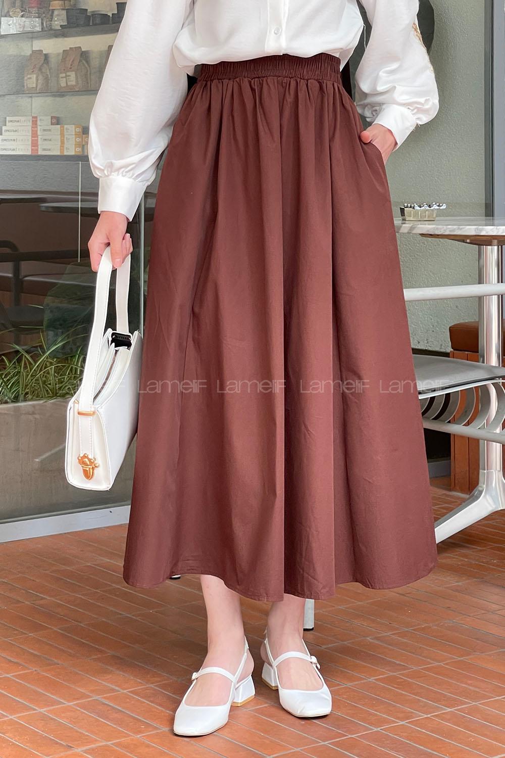 Lamelif Cep Detaylı Kloş Keten Etek Acı Kahve