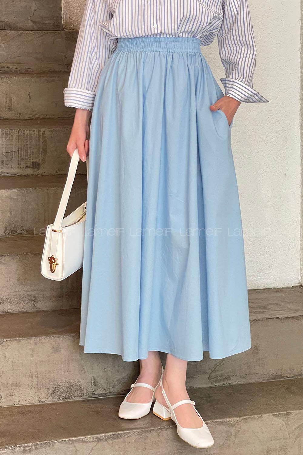 Lamelif Cep Detaylı Kloş Keten Etek Bebe Mavisi