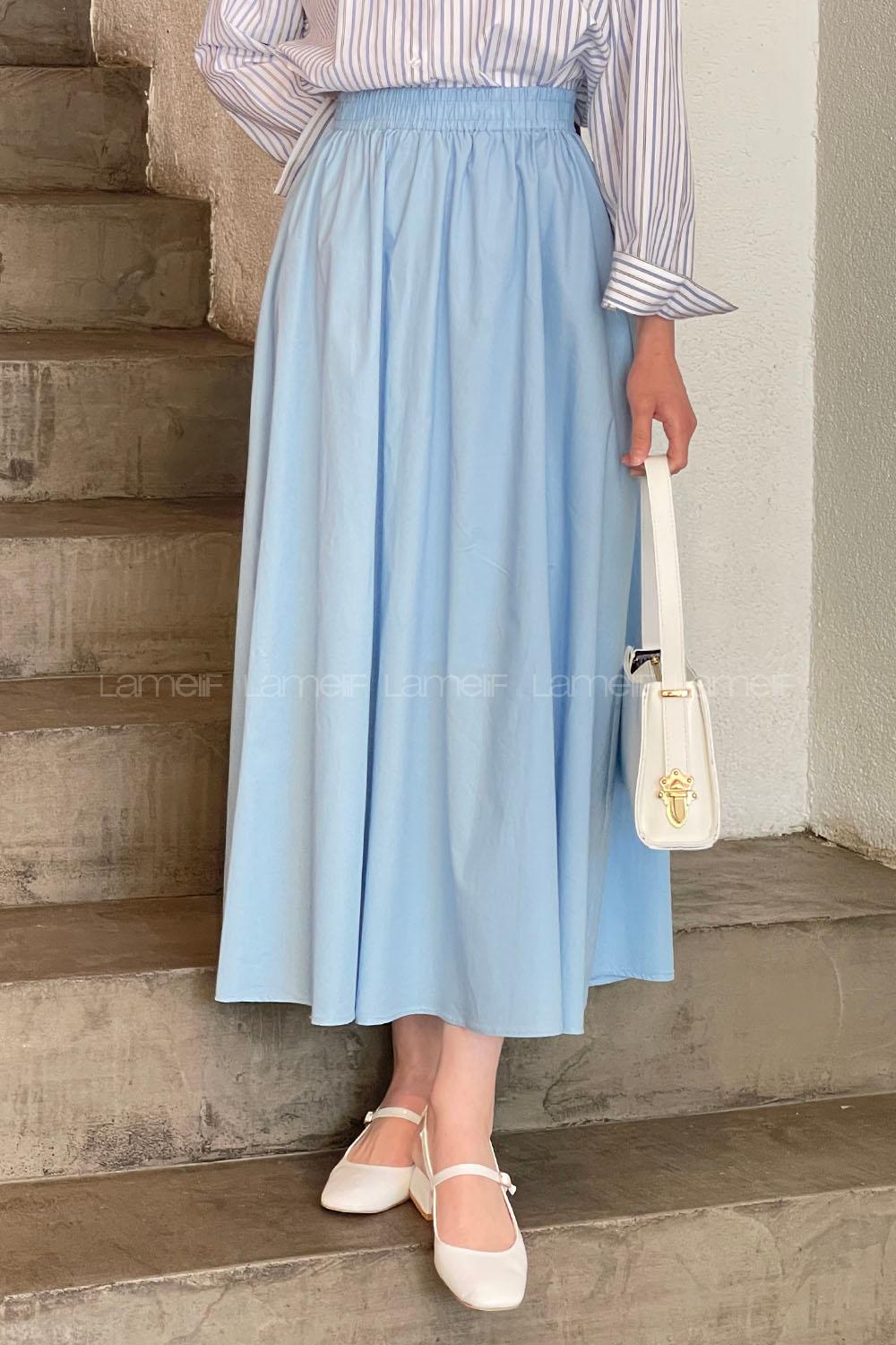 Lamelif Cep Detaylı Kloş Keten Etek Bebe Mavisi