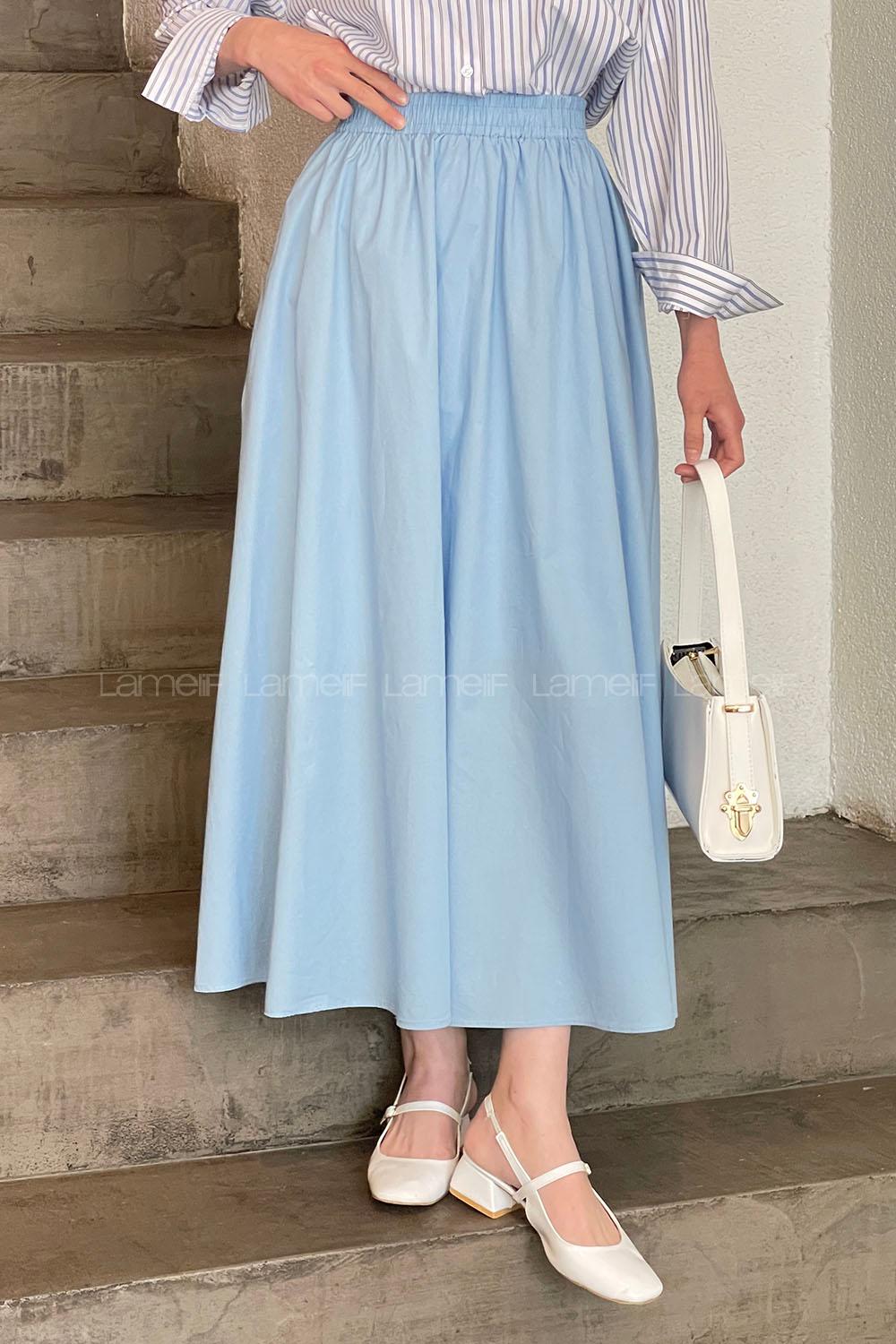 Lamelif Cep Detaylı Kloş Keten Etek Bebe Mavisi