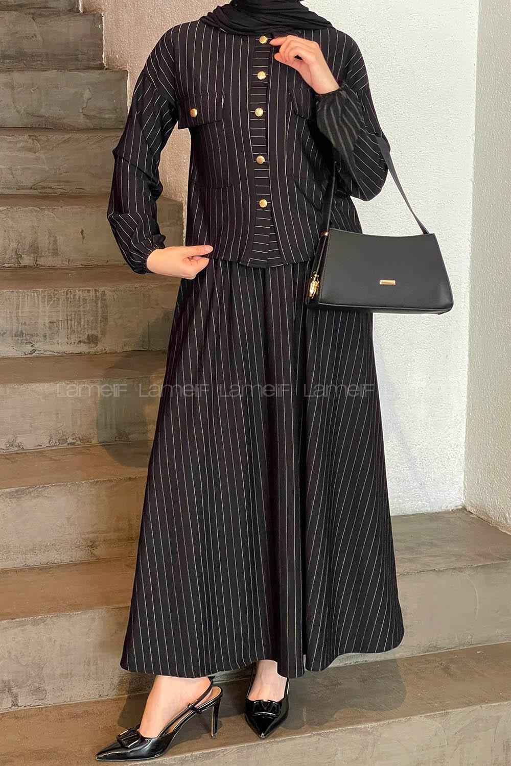 Black Shirt Collar Long Arm Cotton Lycra Flare Suit