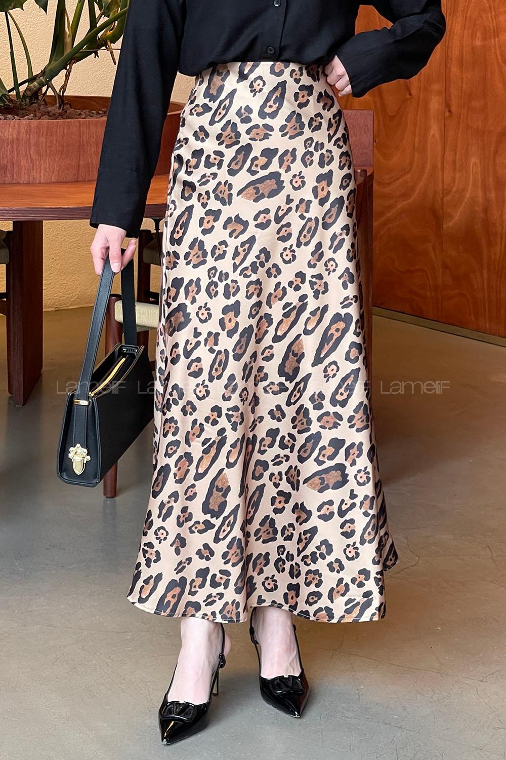 Lamelif Saten Pamuklu Leopar Etek Camel