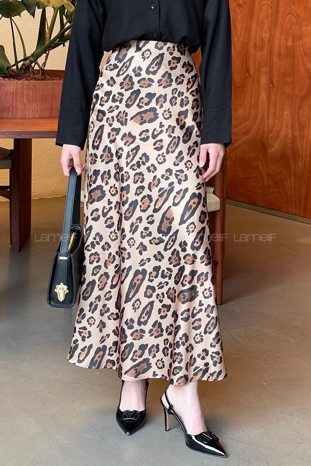 Lamelif Saten Pamuklu Leopar Etek Camel