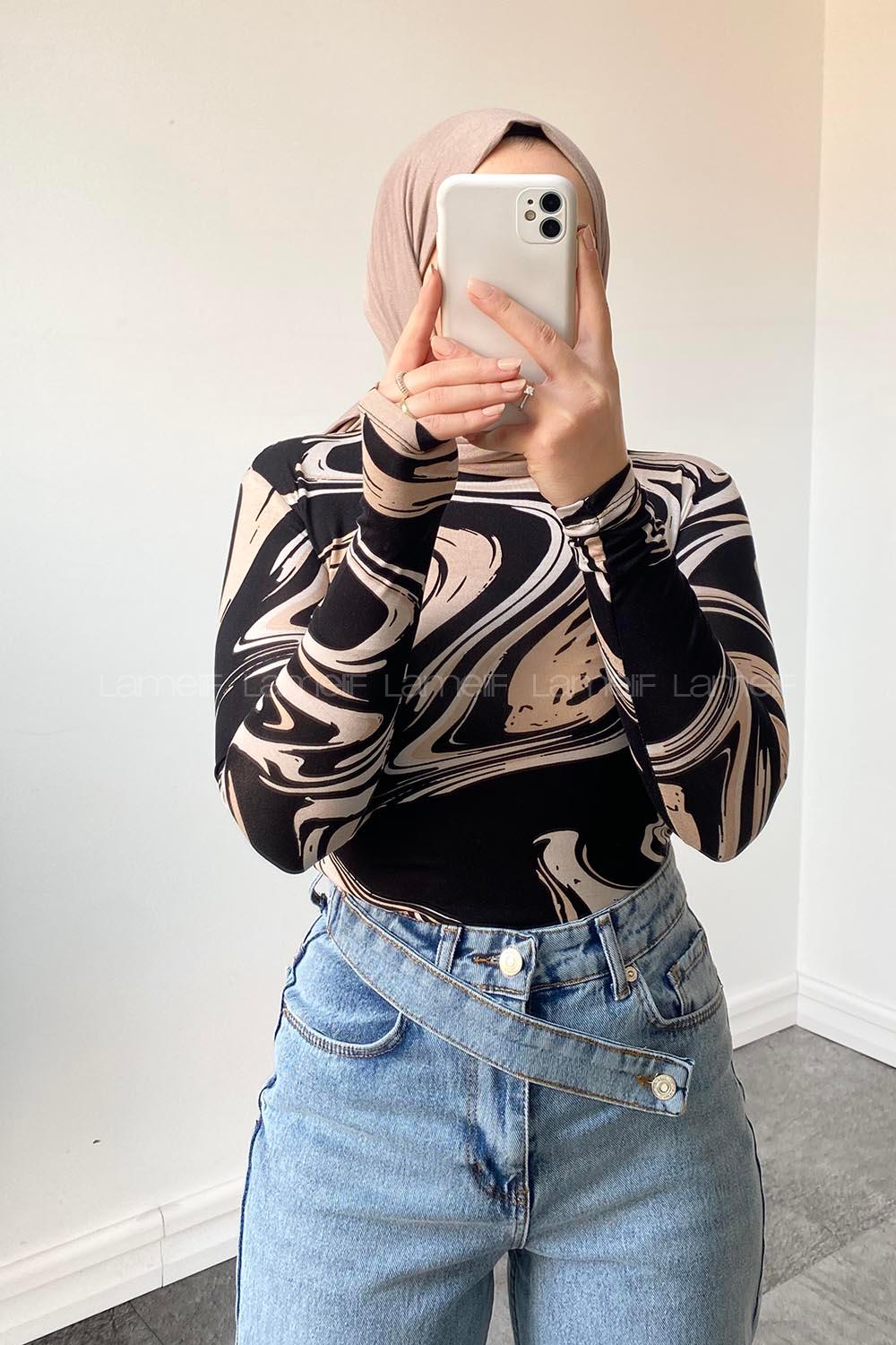 Lamelif Bisiklet Yaka Dalga Desen Body Bej