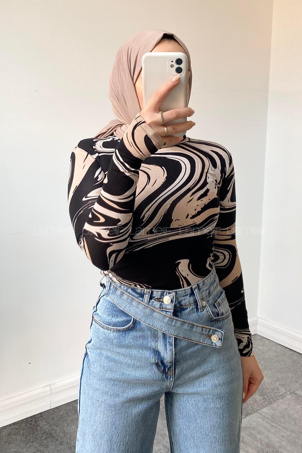 Lamelif Bisiklet Yaka Dalga Desen Body Bej