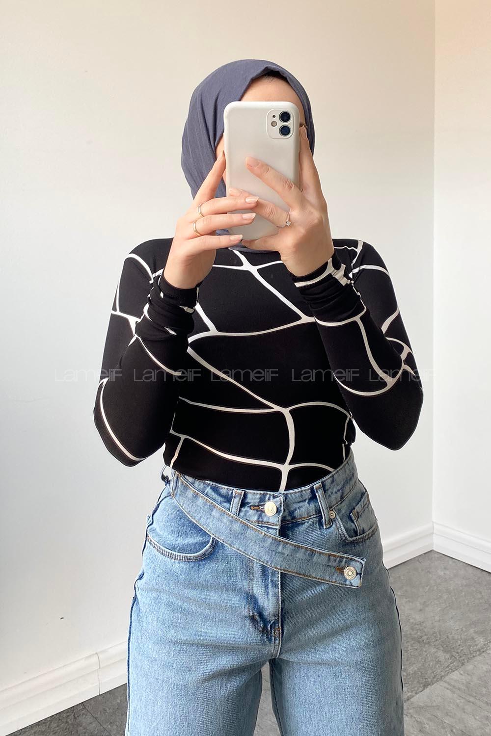 Lamelif Bisiklet Yaka Desenli Body Siyah