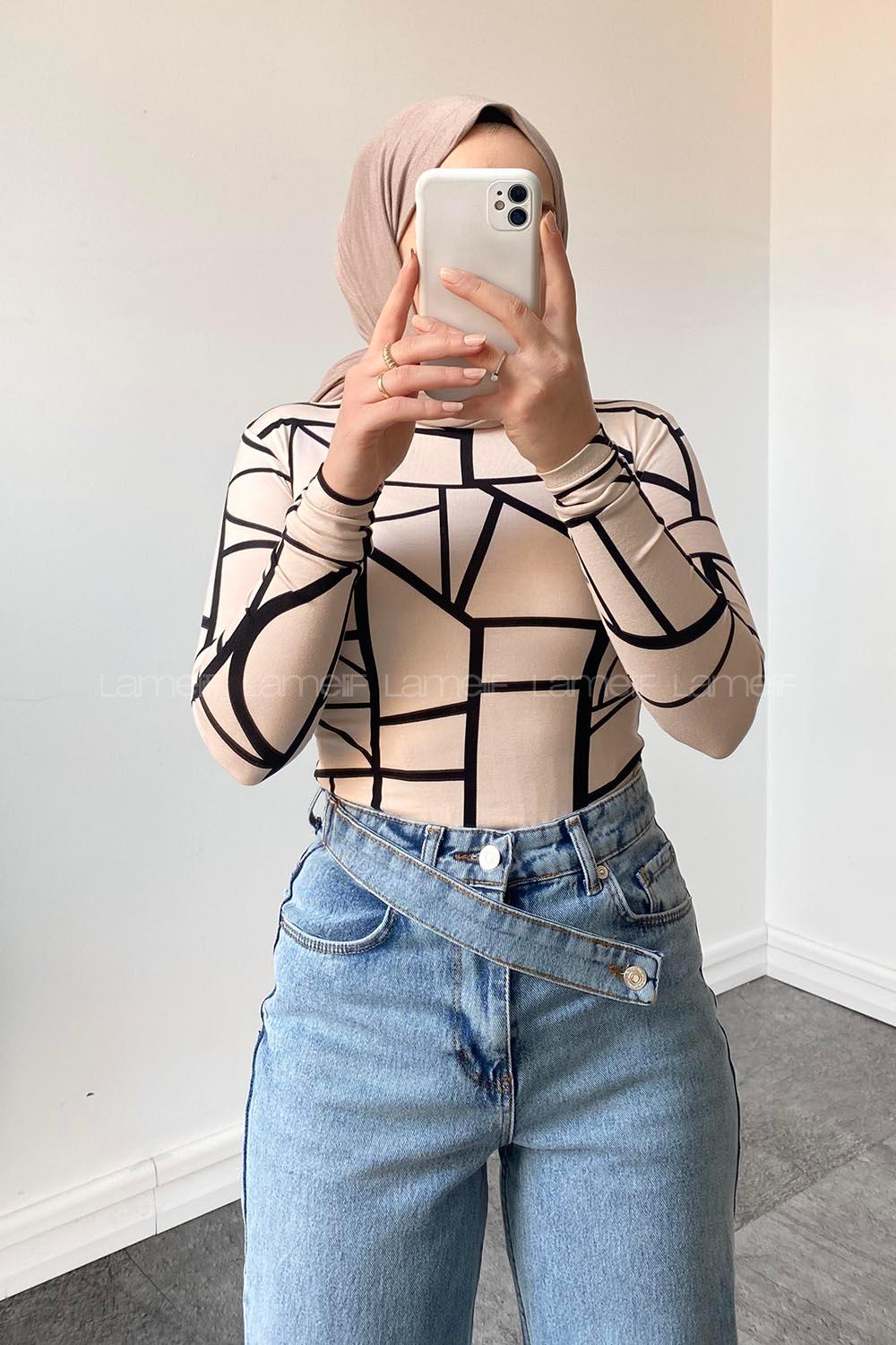 Lamelif Bisiklet Yaka Geometrik Desenli Body Krem