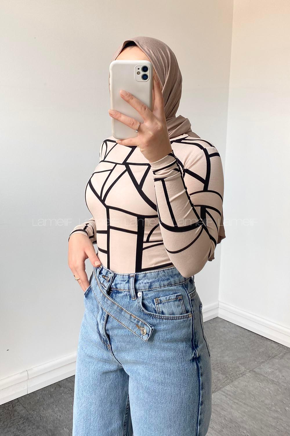 Lamelif Bisiklet Yaka Geometrik Desenli Body Krem