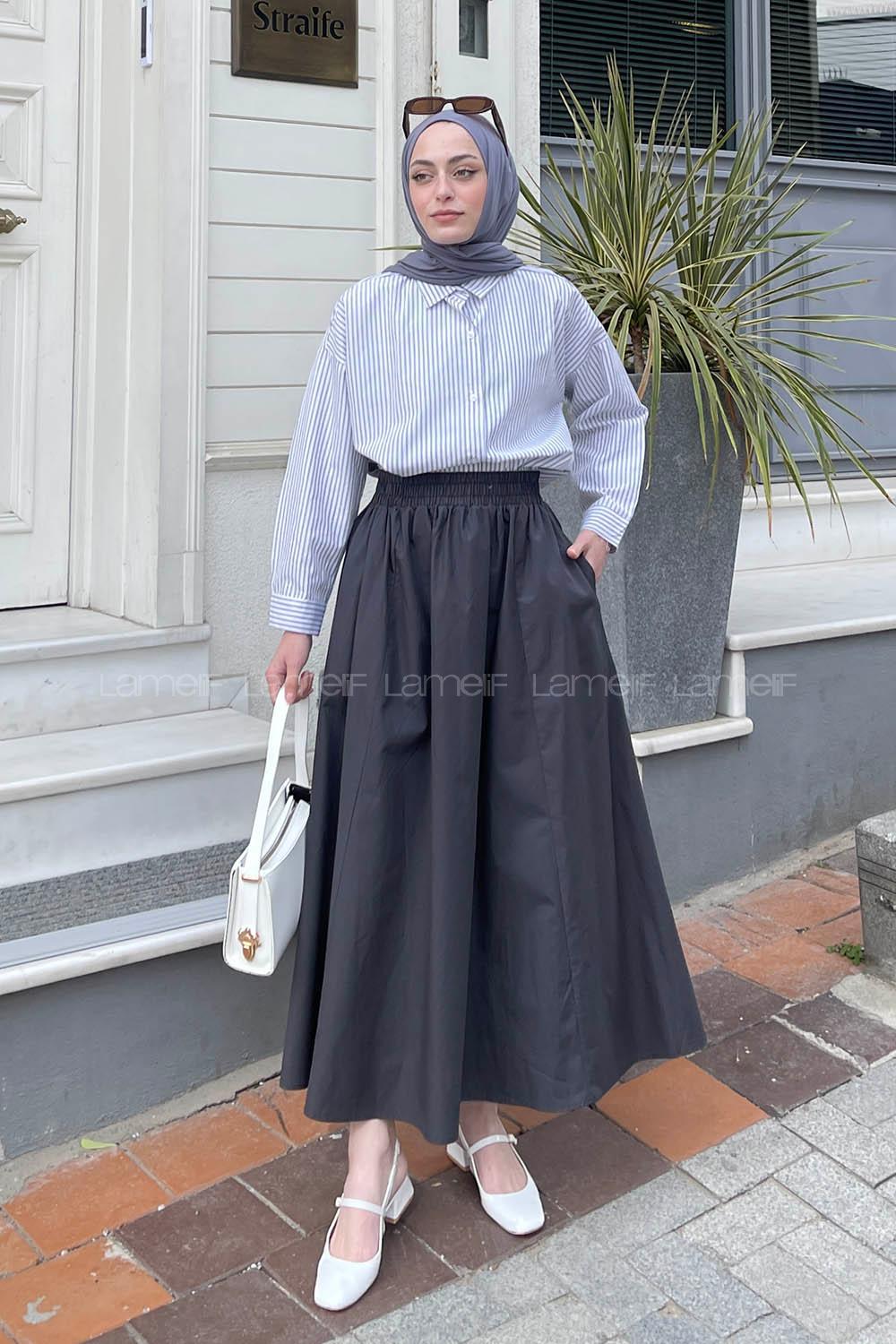 Lamelif Çizgi Detaylı Gömlek Füme