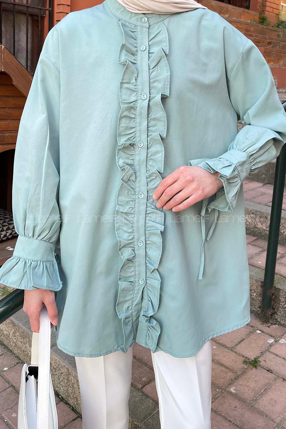 Plum Green Mandarin Collar Cotton Unprinted Tunic