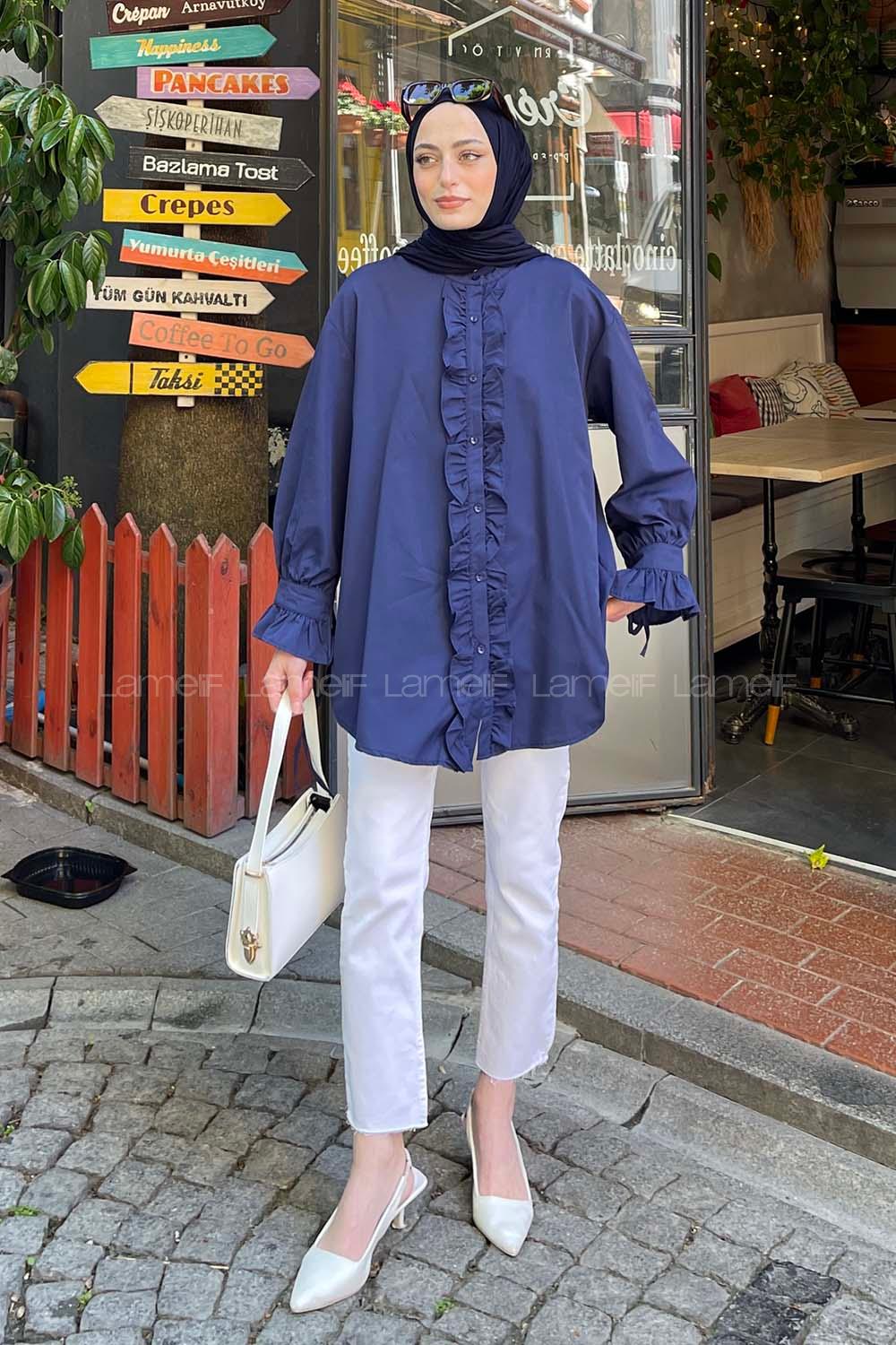 Lamelif Flores Fırfırlı Tunik Lacivert