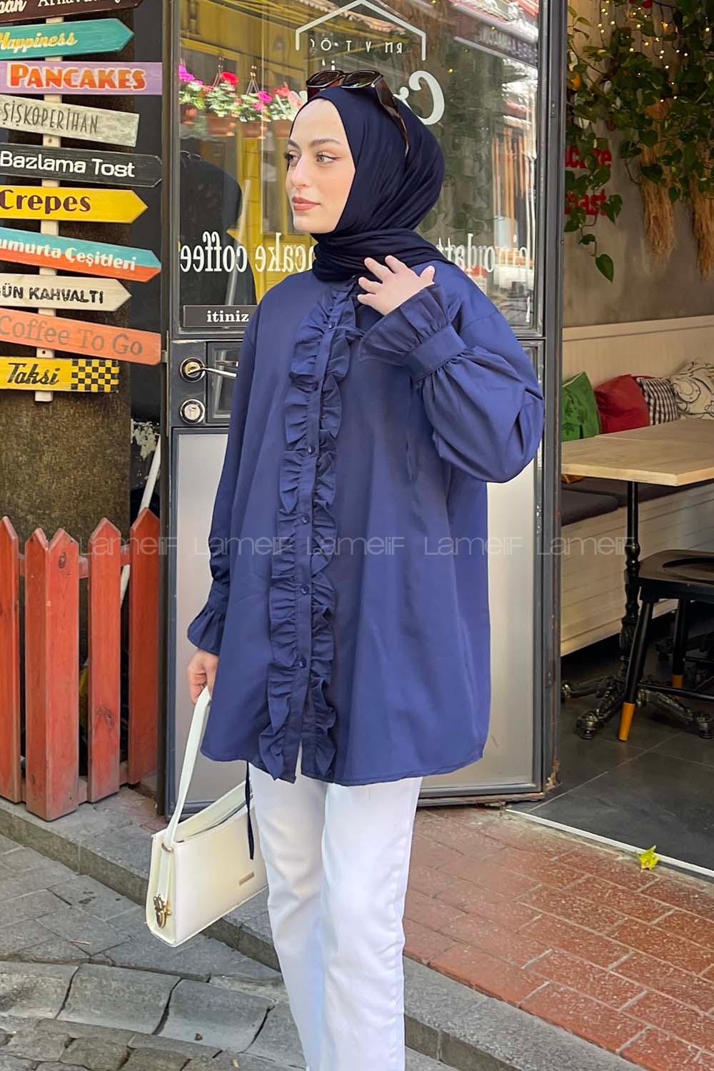 Lamelif Flores Fırfırlı Tunik Lacivert