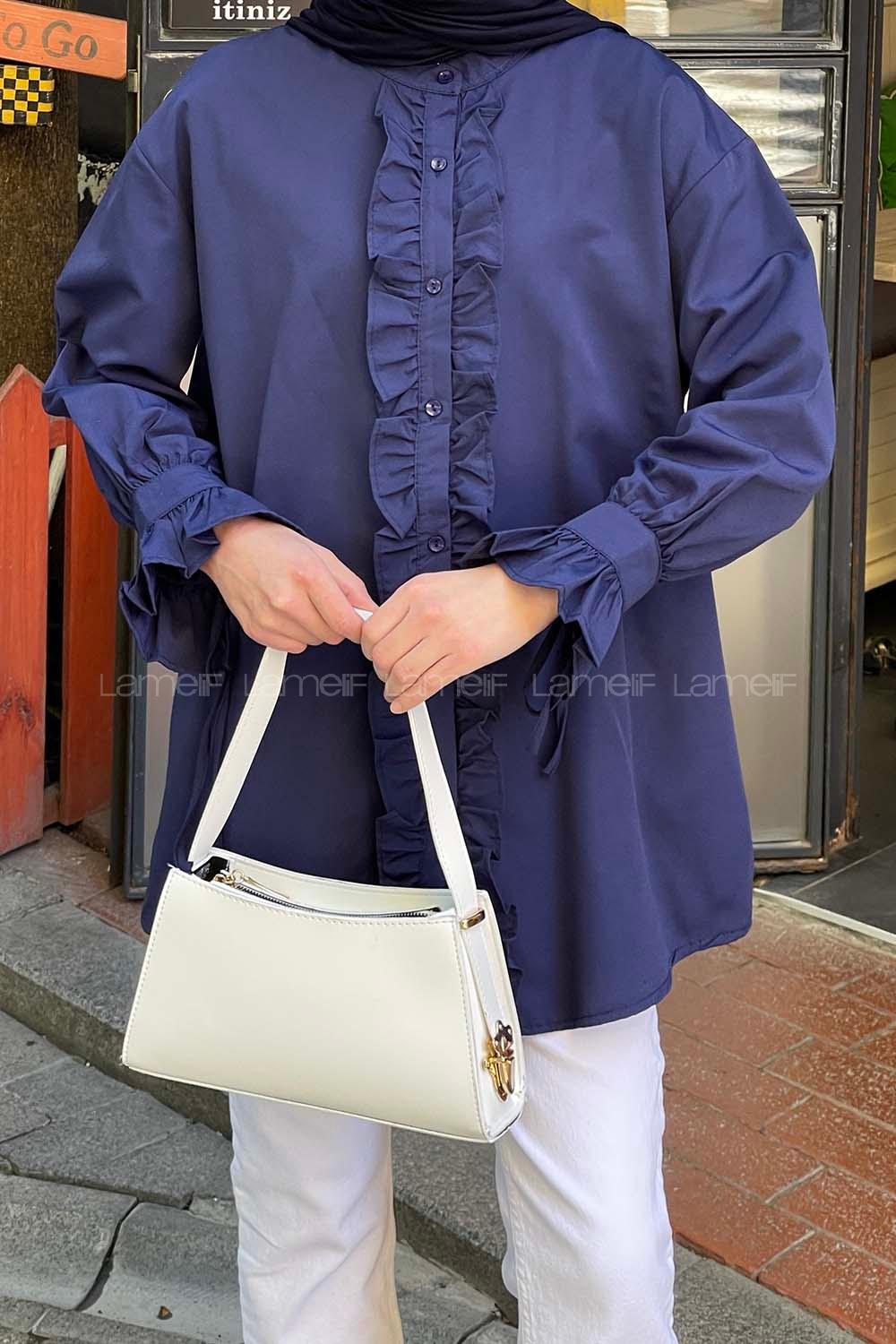 Lamelif Flores Fırfırlı Tunik Lacivert