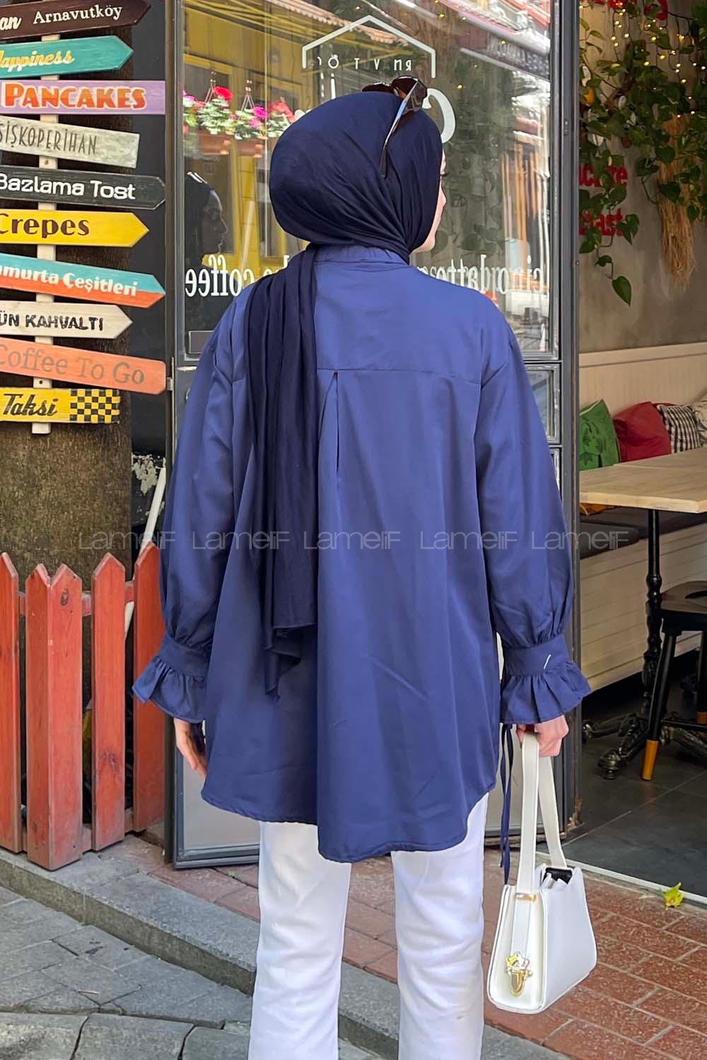 Lamelif Flores Fırfırlı Tunik Lacivert