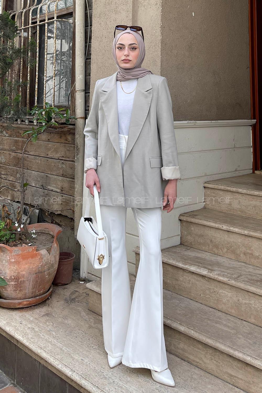 Lamelif Kapak Cep Detay Keten Ceket Kum Beji