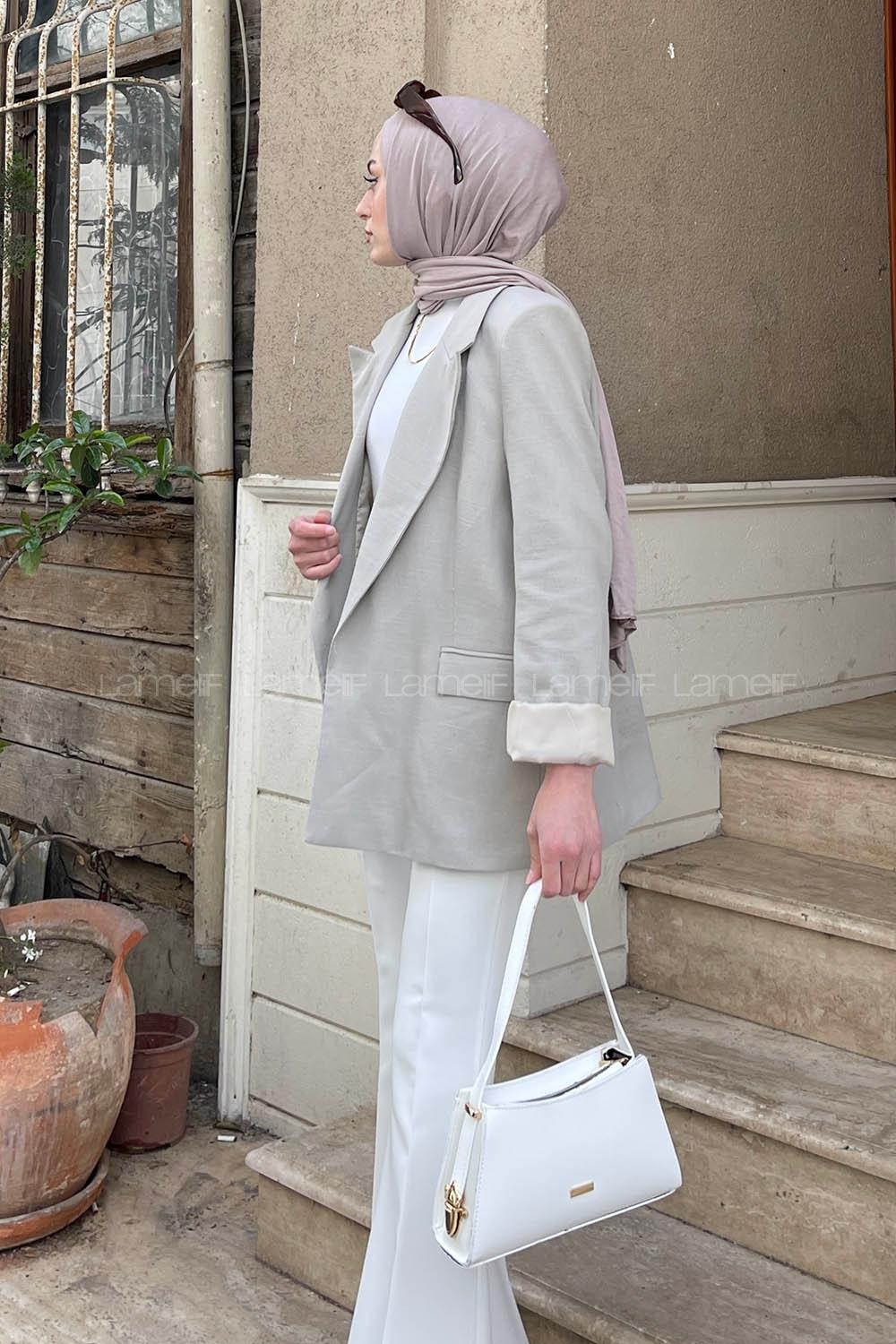 Lamelif Kapak Cep Detay Keten Ceket Kum Beji