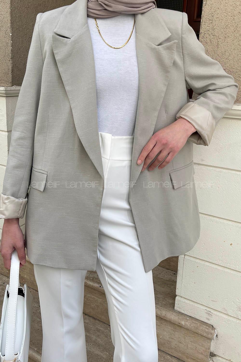 Lamelif Kapak Cep Detay Keten Ceket Kum Beji