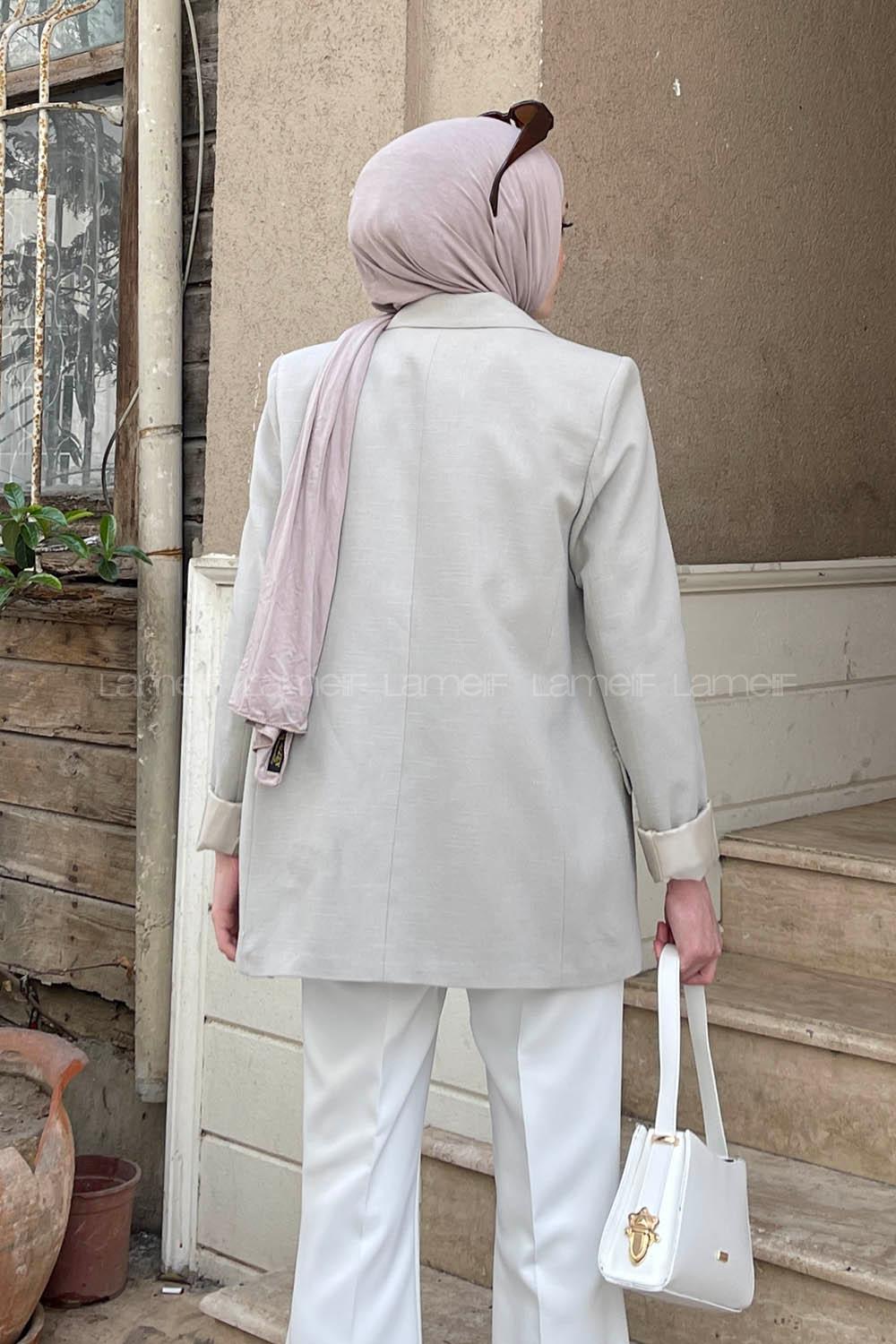 Lamelif Kapak Cep Detay Keten Ceket Kum Beji