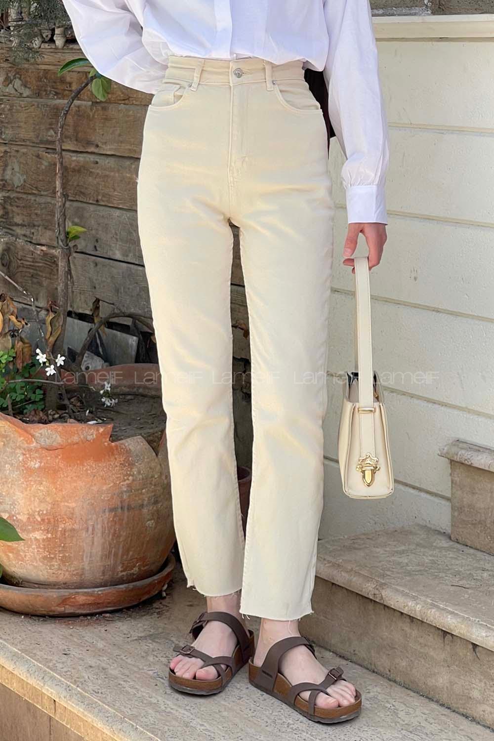 Lamelif Kesik Paça Fit Jean Krem