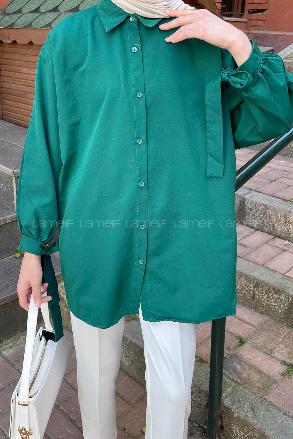 Emerald Green Shirt Collar Long Arm Cotton Shirt