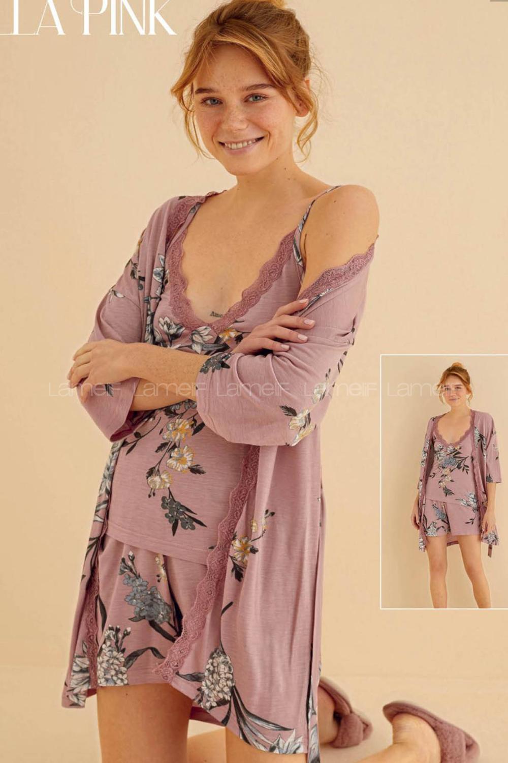 Lamelif Puantiyeli 3 lü Gecelik Takımı Kadın Pudra