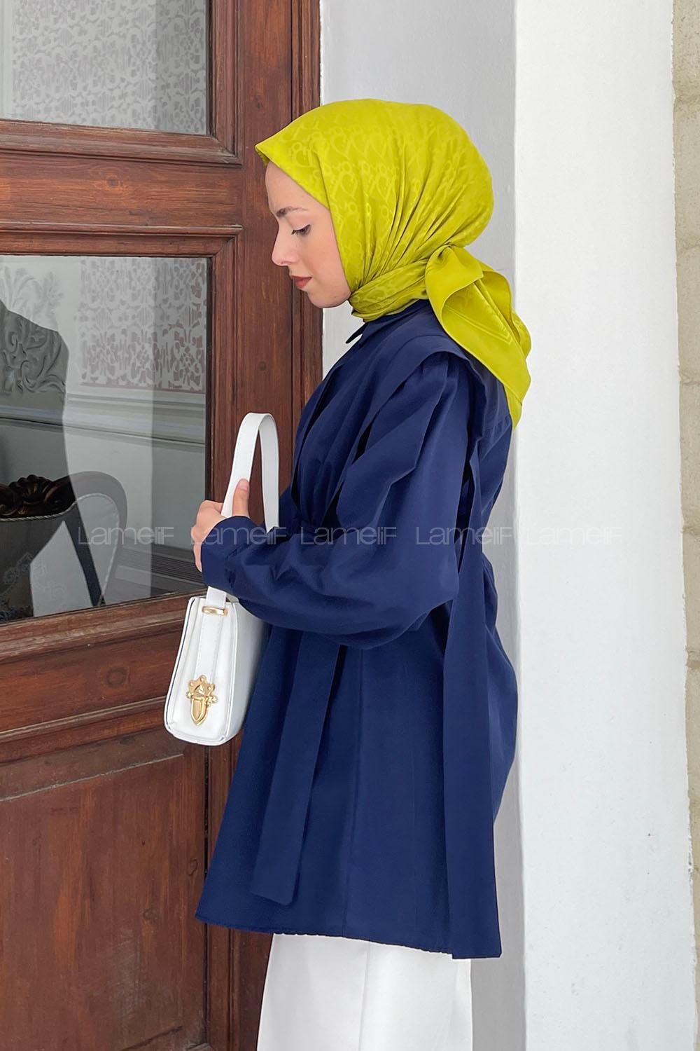 Lamelif Bel Bağlamalı Omuz Vatkalı Gömlek Lacivert