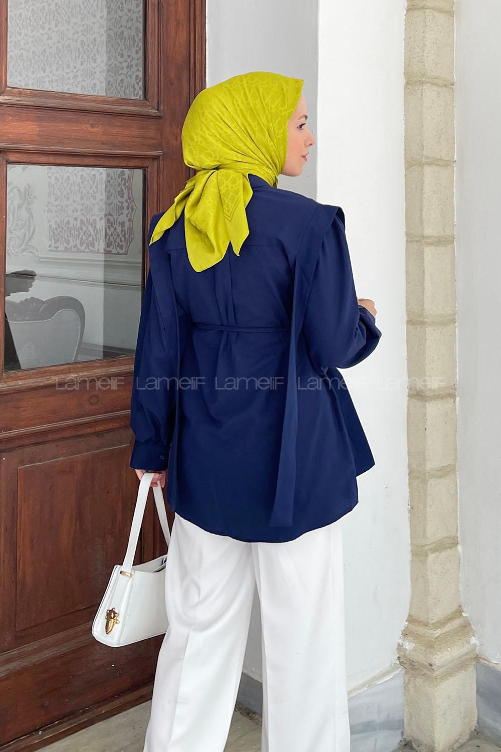 Lamelif Bel Bağlamalı Omuz Vatkalı Gömlek Lacivert