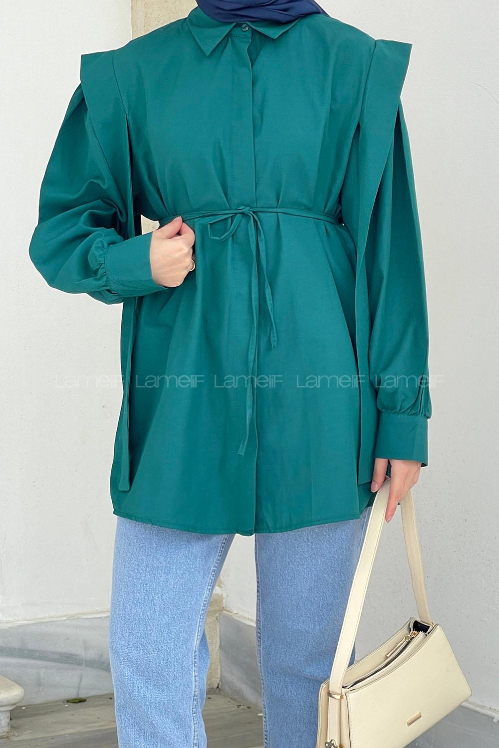 Emerald Green Shirt Collar Long Arm Cotton Poplin Fabric Shirt