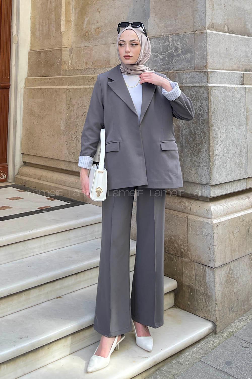 Lamelif Kapak Cep Detaylı Blazer Ceket Gri