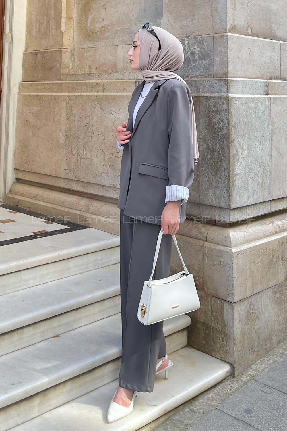 Lamelif Kapak Cep Detaylı Blazer Ceket Gri