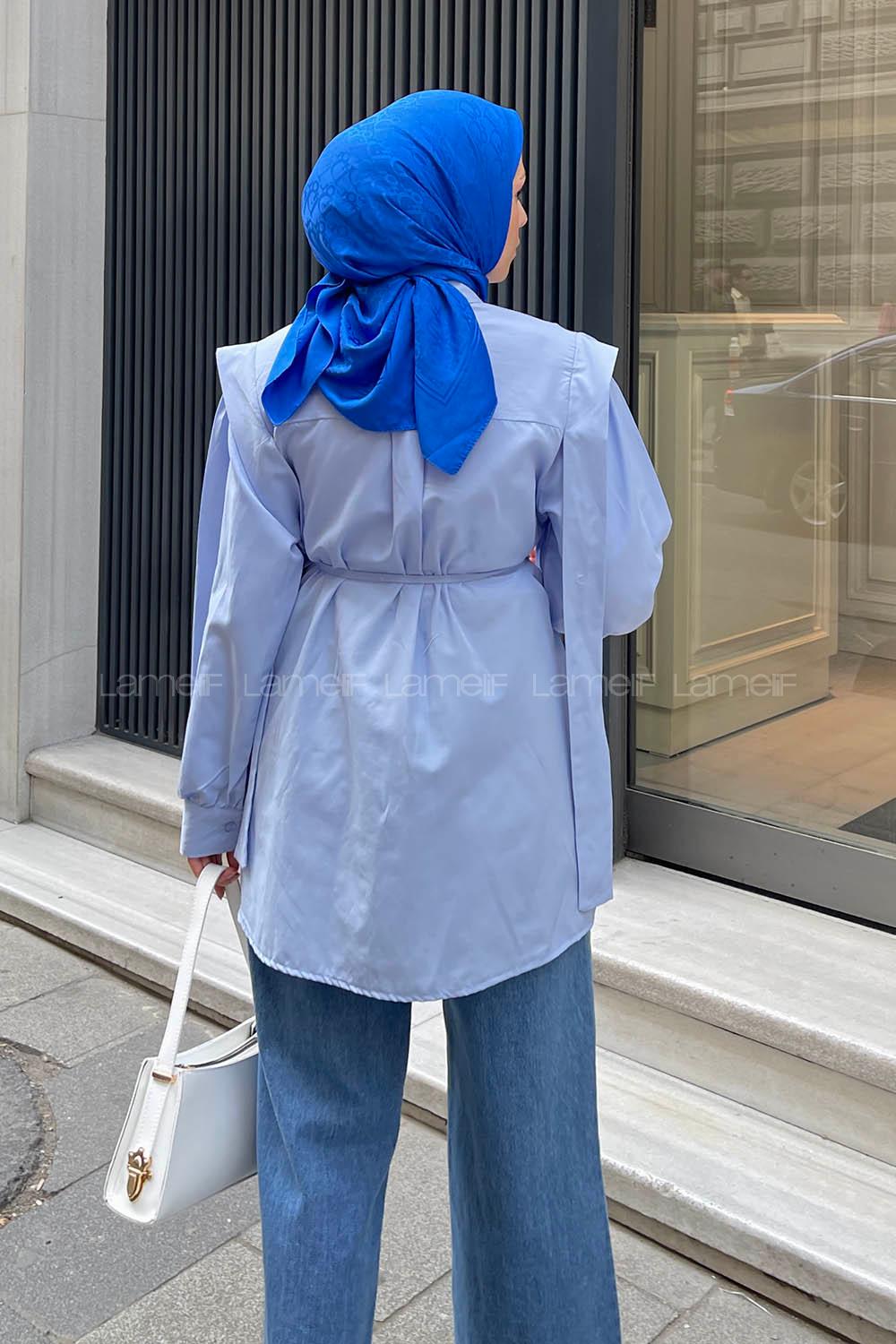 Lamelif Bel Bağlamalı Omuz Vatkalı Gömlek Bebe Mavisi