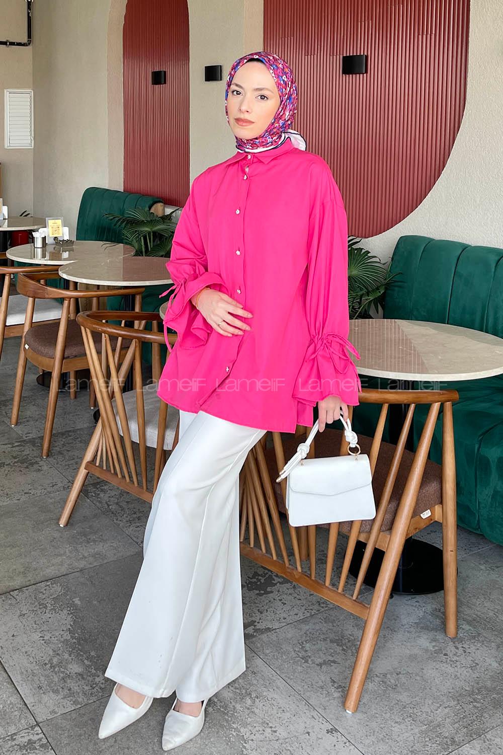 Lamelif Kol Tünel İp Detaylı Gömlek Fuşya
