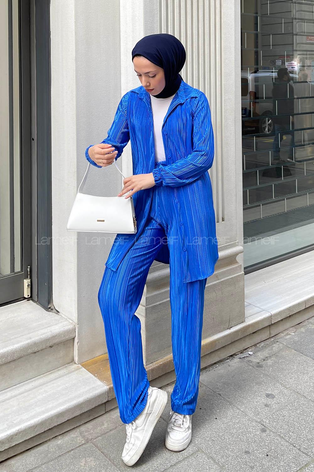 Lamelif Pliseli Saten Kumaş Tesettür Takım Mavi