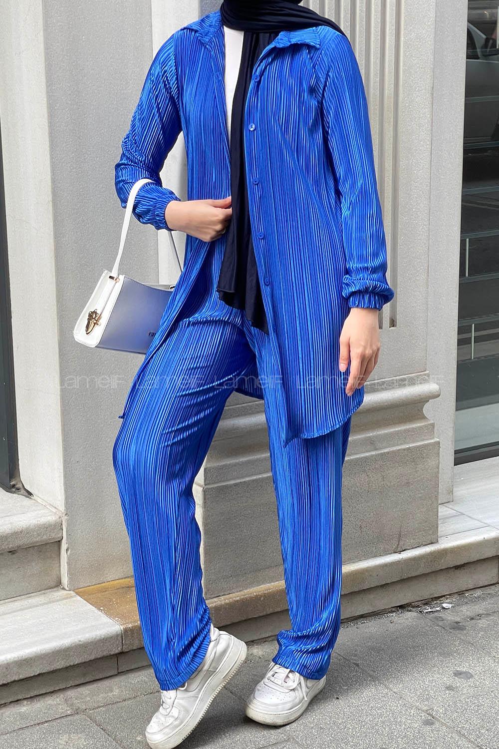 Lamelif Pliseli Saten Kumaş Tesettür Takım Mavi