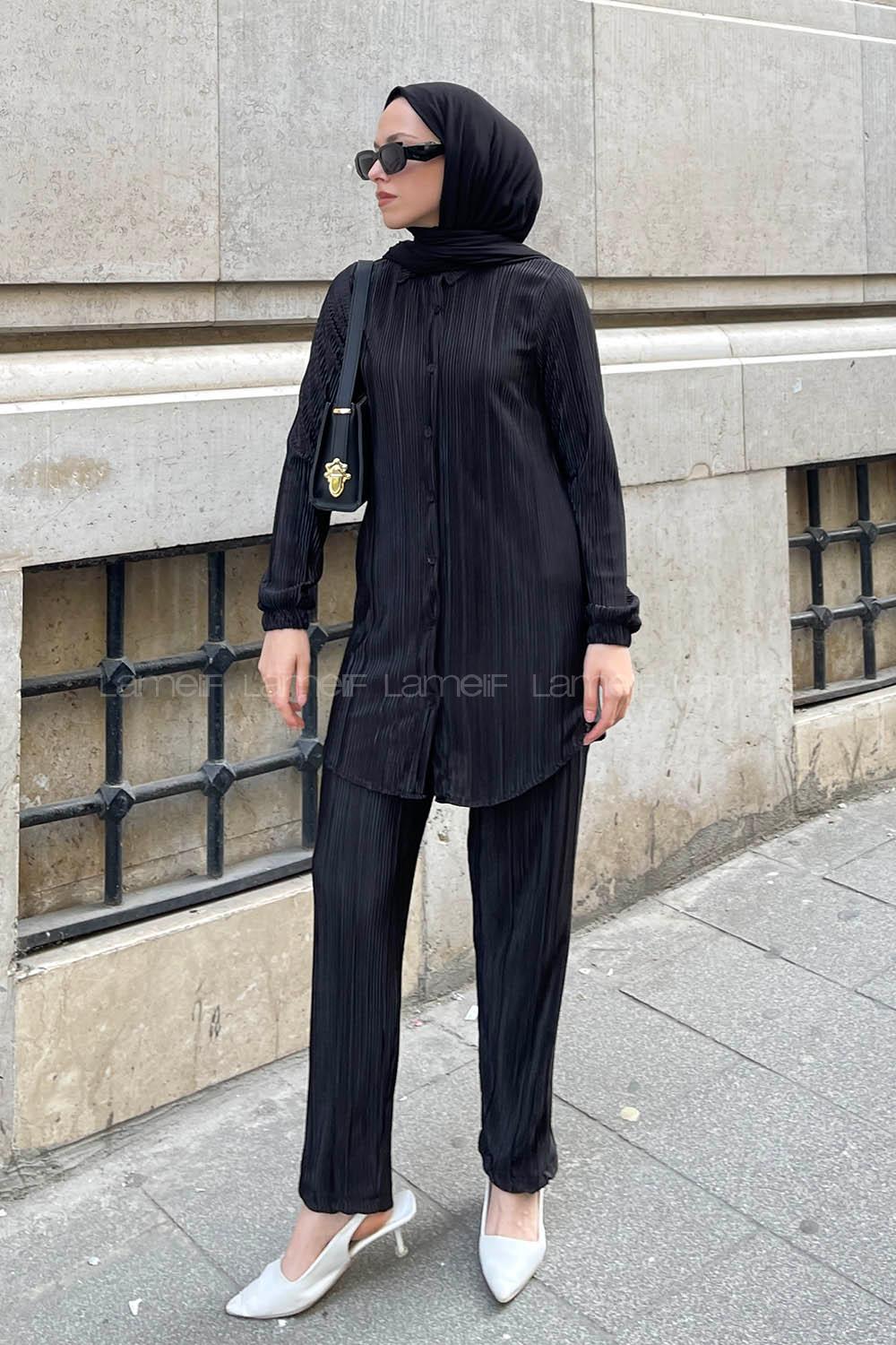 Black Shirt Collar Long Arm Cotton Lycra Regular Trousers Pleated Suit