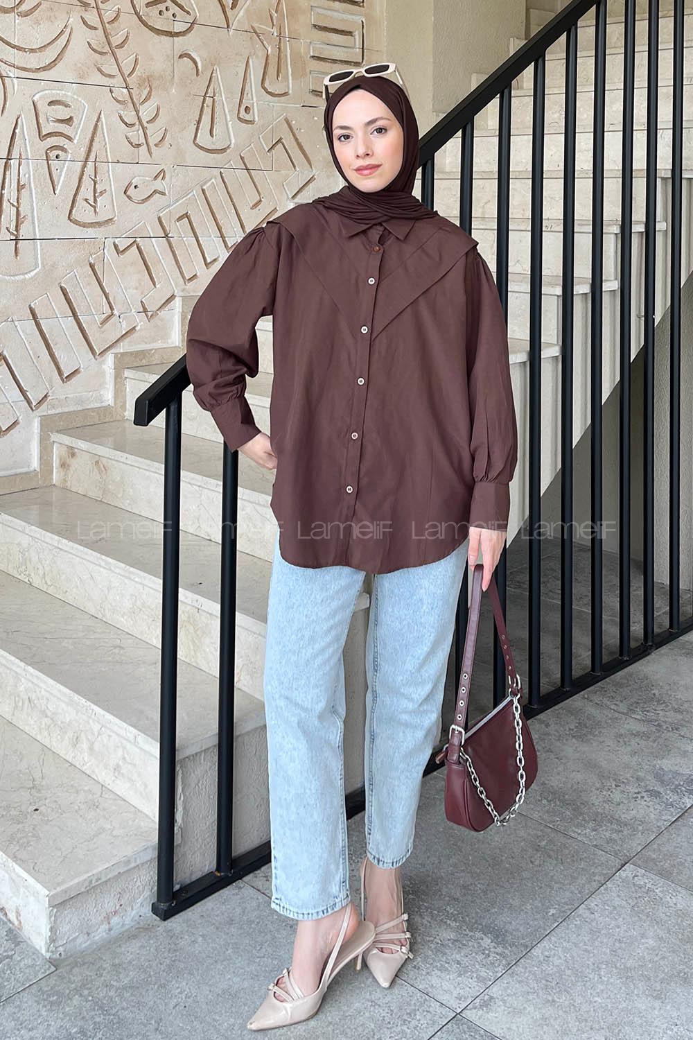 Brown Shirt Collar Long Arm Poplin Fabric Unprinted Shirt