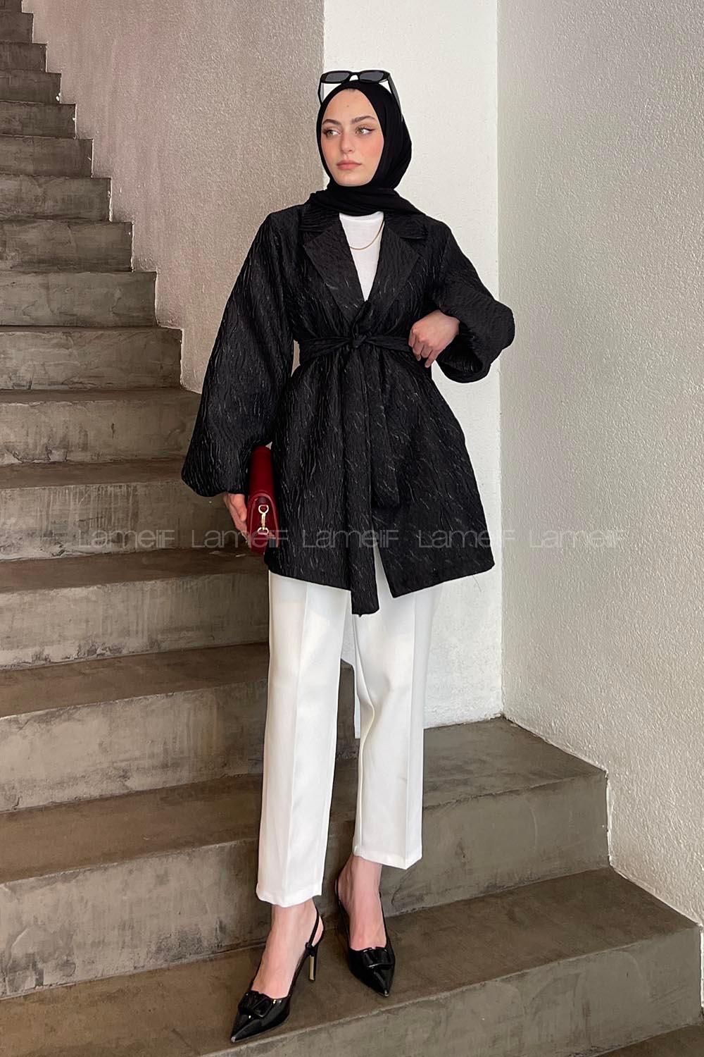 Black V Neck Balloon Sleeve Arm Poplin Fabric Jacket