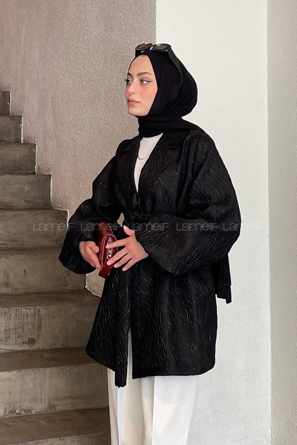 Black V Neck Balloon Sleeve Arm Poplin Fabric Jacket