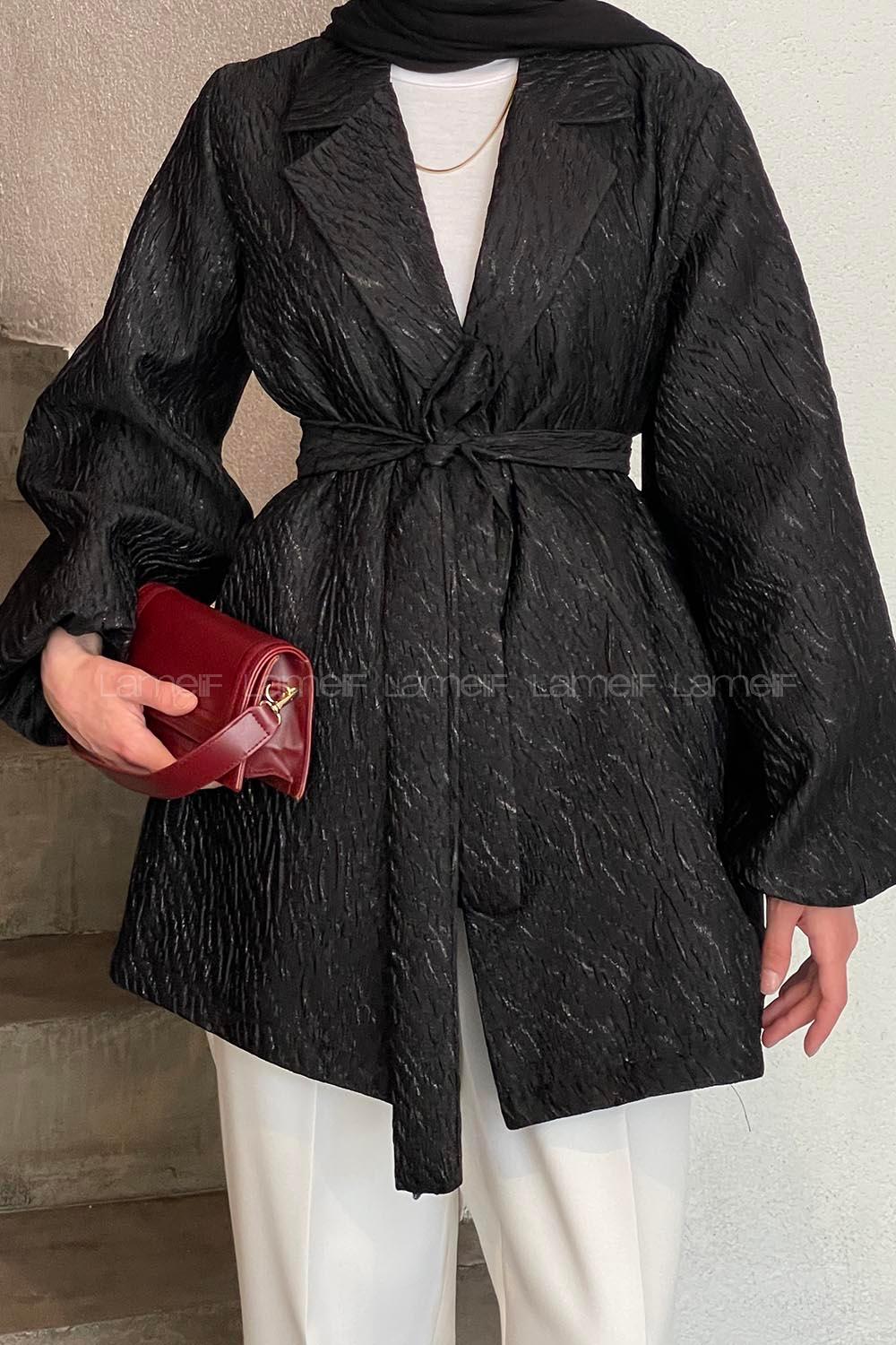 Black V Neck Balloon Sleeve Arm Poplin Fabric Jacket