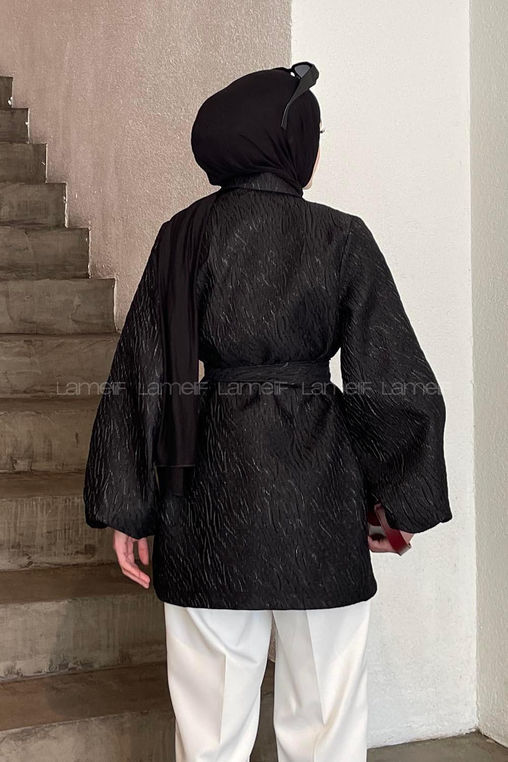 Black V Neck Balloon Sleeve Arm Poplin Fabric Jacket