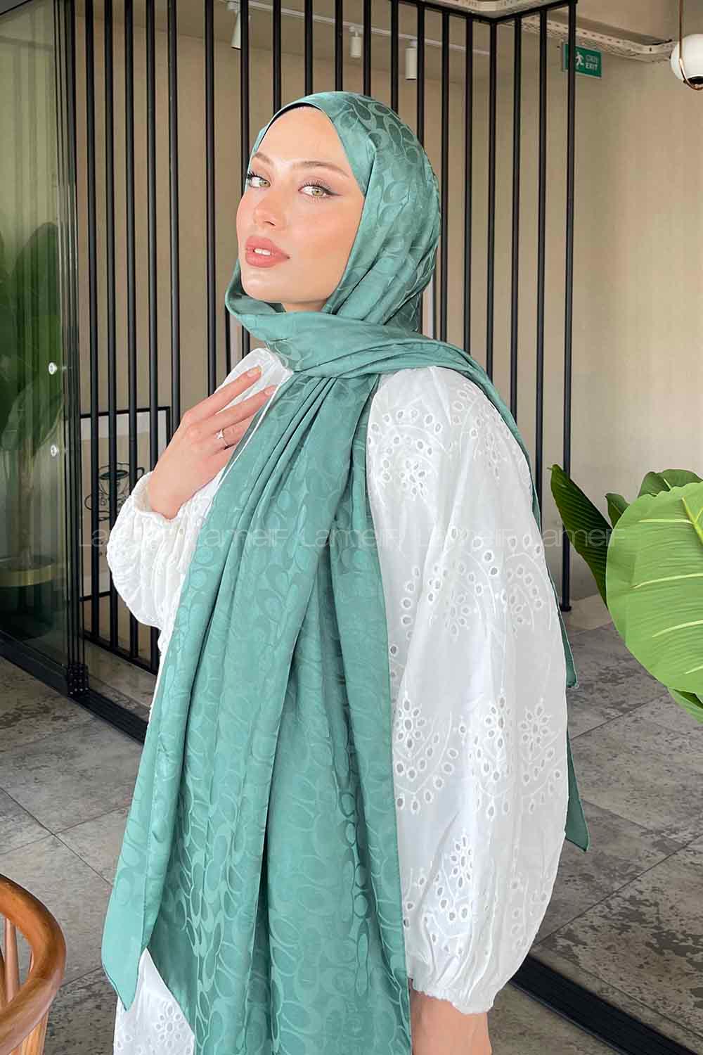 Lamelif Coach Desen Jakar Şal Yaprak Yeşili