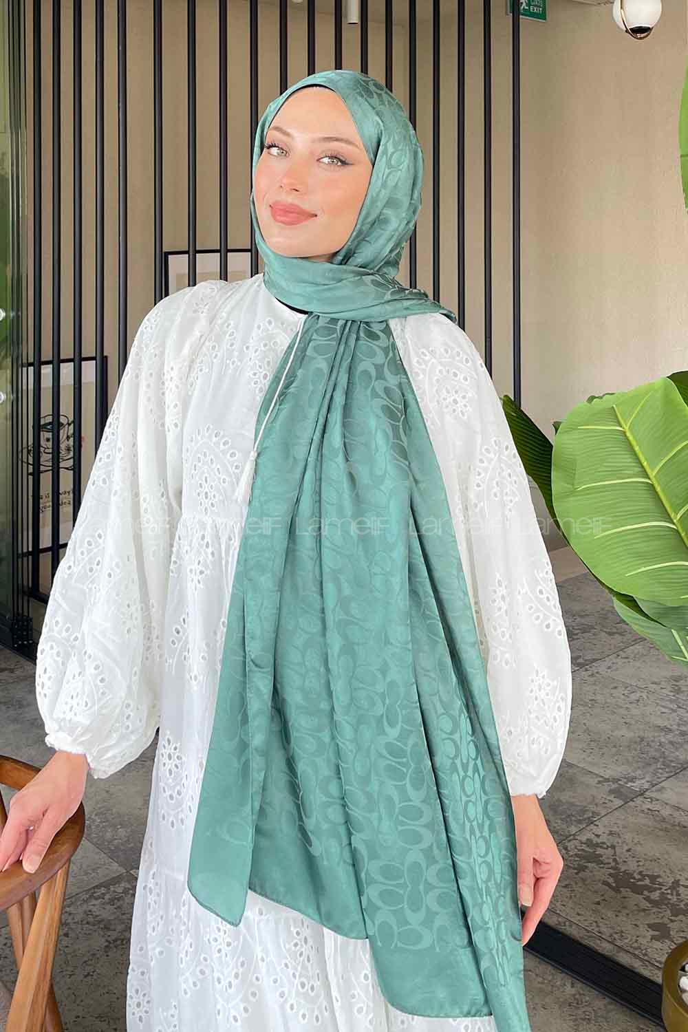 Lamelif Coach Desen Jakar Şal Yaprak Yeşili