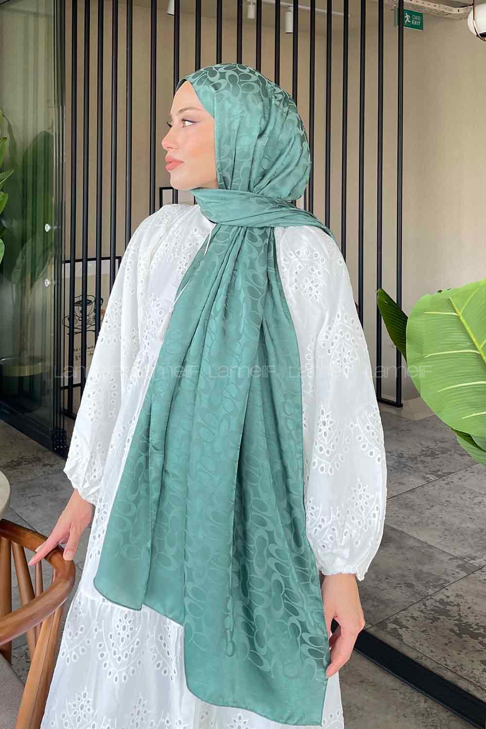 Lamelif Coach Desen Jakar Şal Yaprak Yeşili