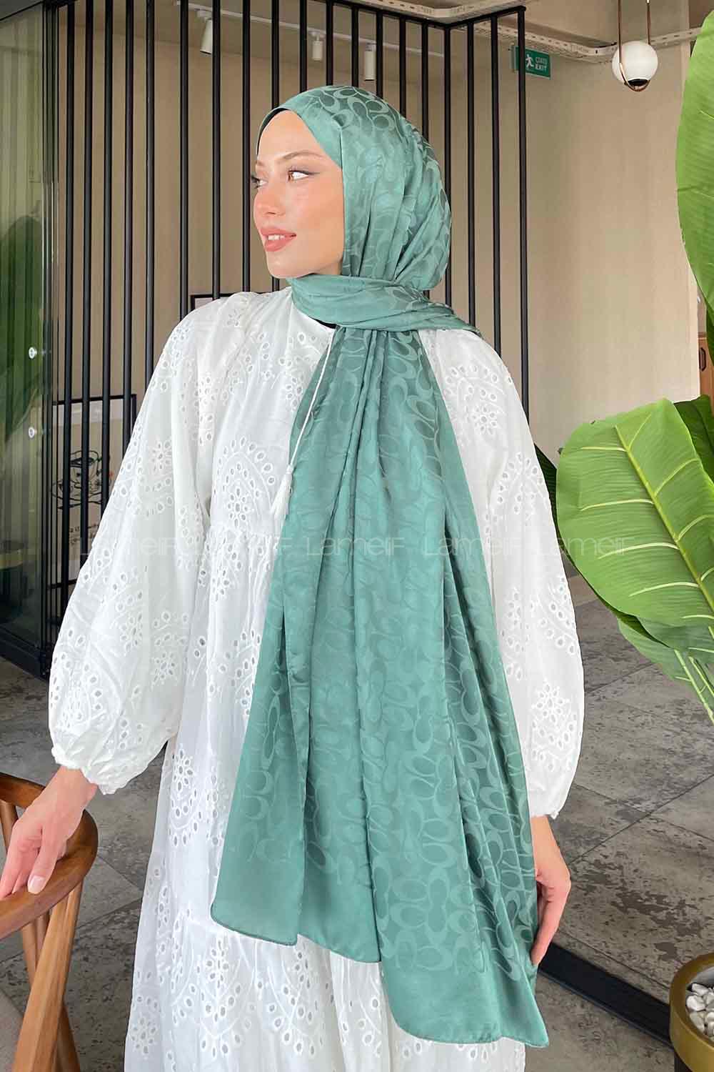 Lamelif Coach Desen Jakar Şal Yaprak Yeşili