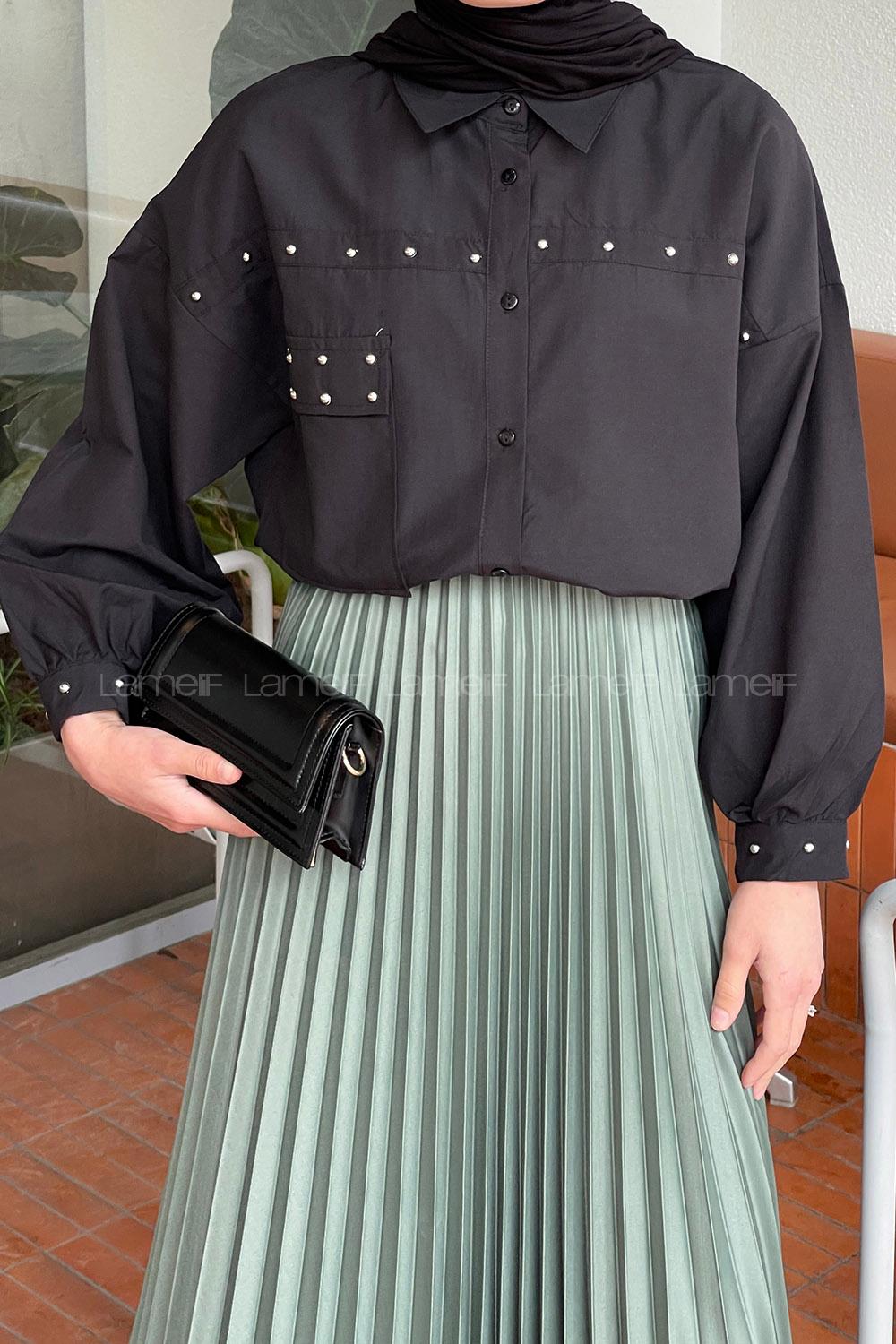 Lamelif Gümüş Taş Detaylı Gömlek Siyah