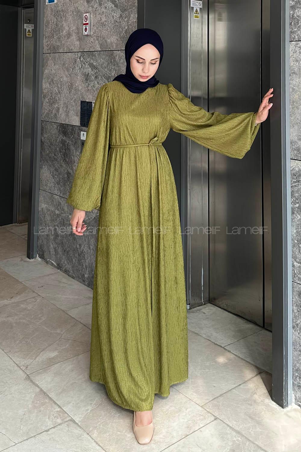 Lamelif Balon Kol Kuşaklı Damla Elbise Yağ Yeşili