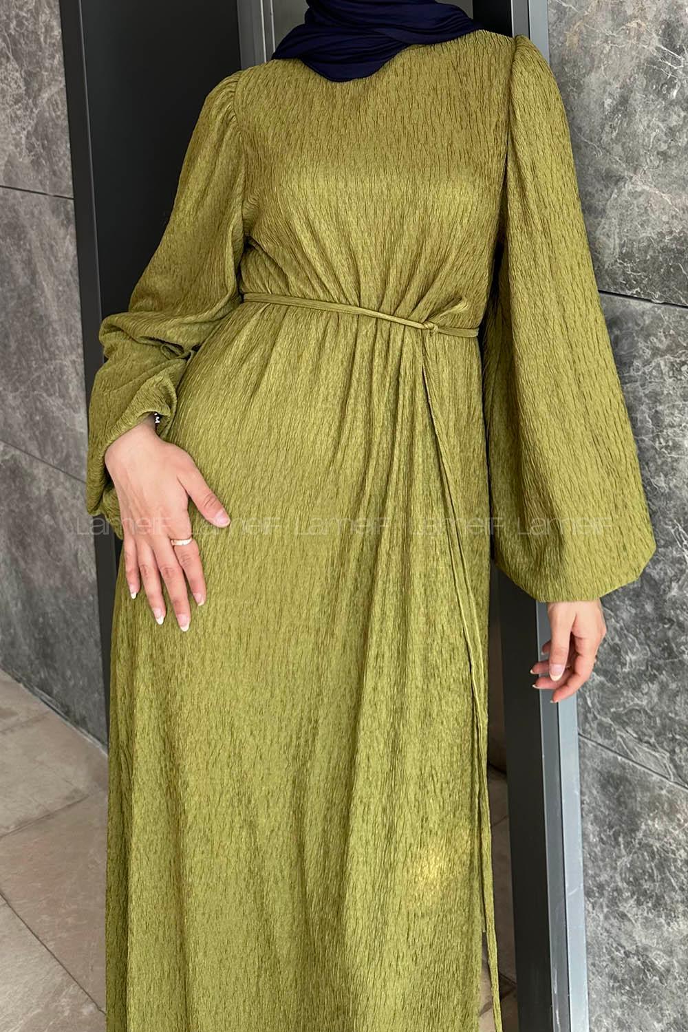 Lamelif Balon Kol Kuşaklı Damla Elbise Yağ Yeşili