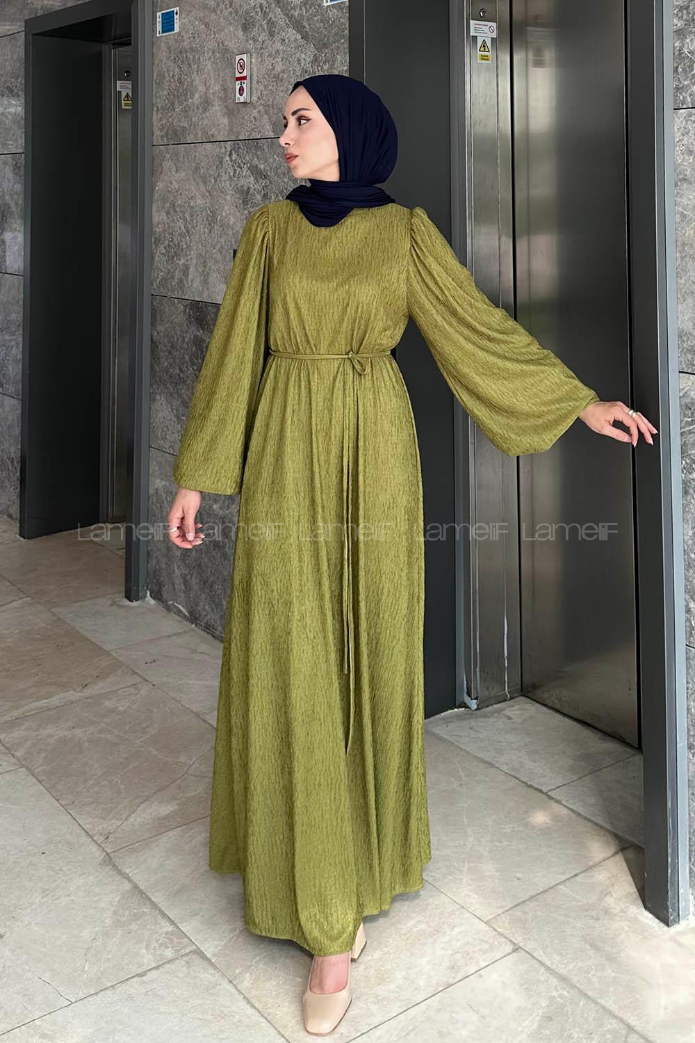 Lamelif Balon Kol Kuşaklı Damla Elbise Yağ Yeşili