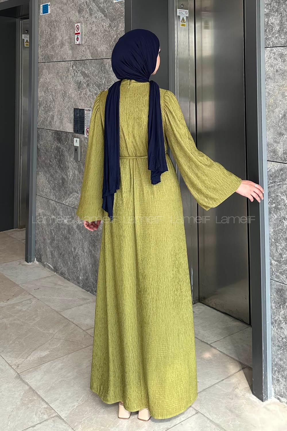 Lamelif Balon Kol Kuşaklı Damla Elbise Yağ Yeşili